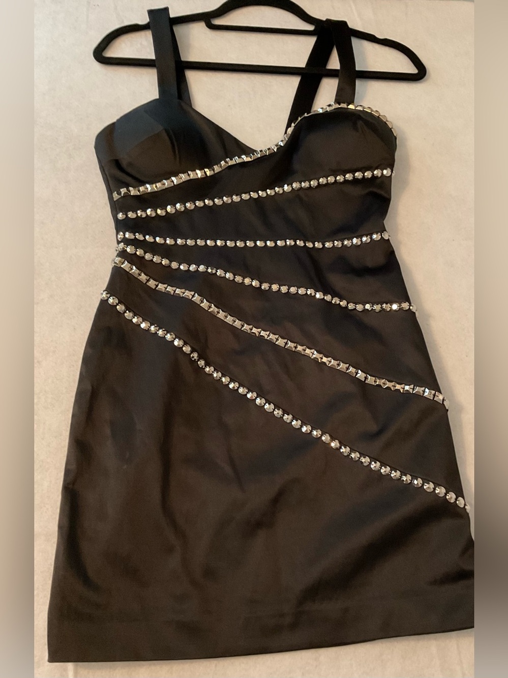 bebe Black Satin Mini Dress with Rhinestone Straps